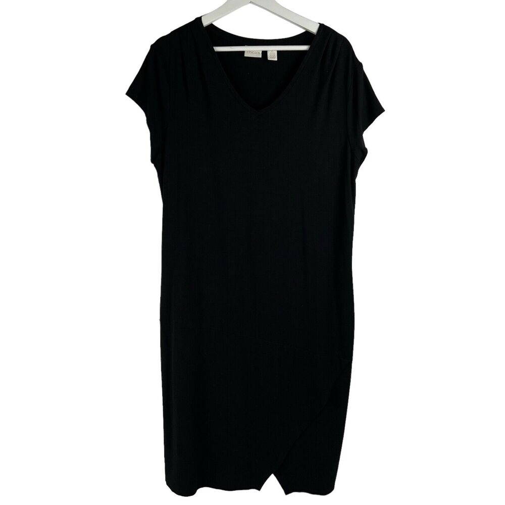 Chico's Dress 2 US L 12 V-Neck‎ Sheath Short Sleeve Drop Waist Overlapping Hem